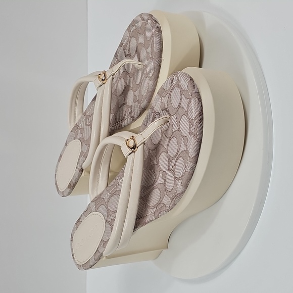 NIB Coach Franki Leather Jacquard Flip Flop Wedge Platform Sandals 10B Cream - Picture 1 of 16